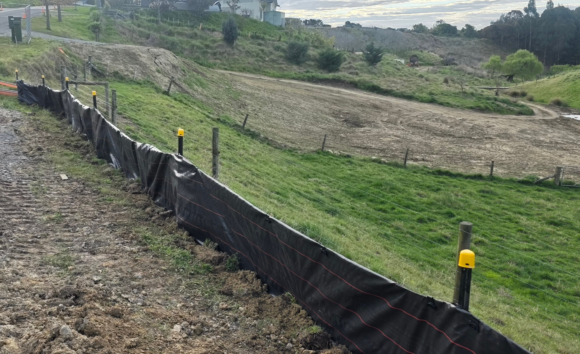 Silt fencing installed on a recent earthworks site in Hawke's Bay