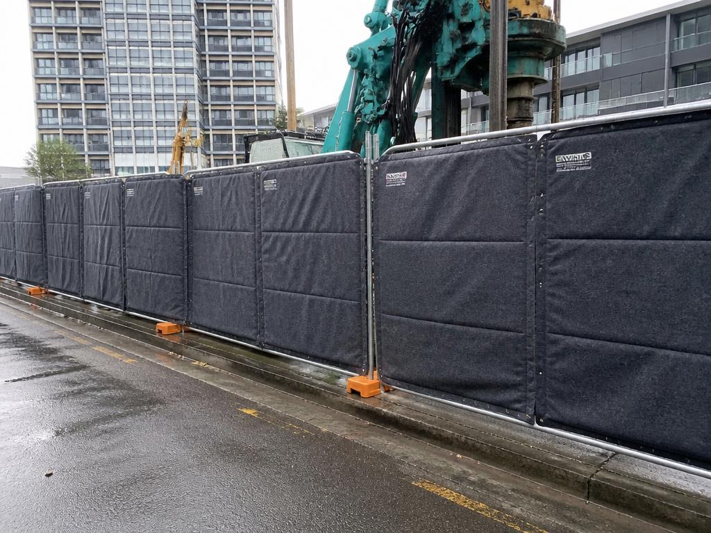 Acoustic noise-absorption panels fitted to temporary fencing